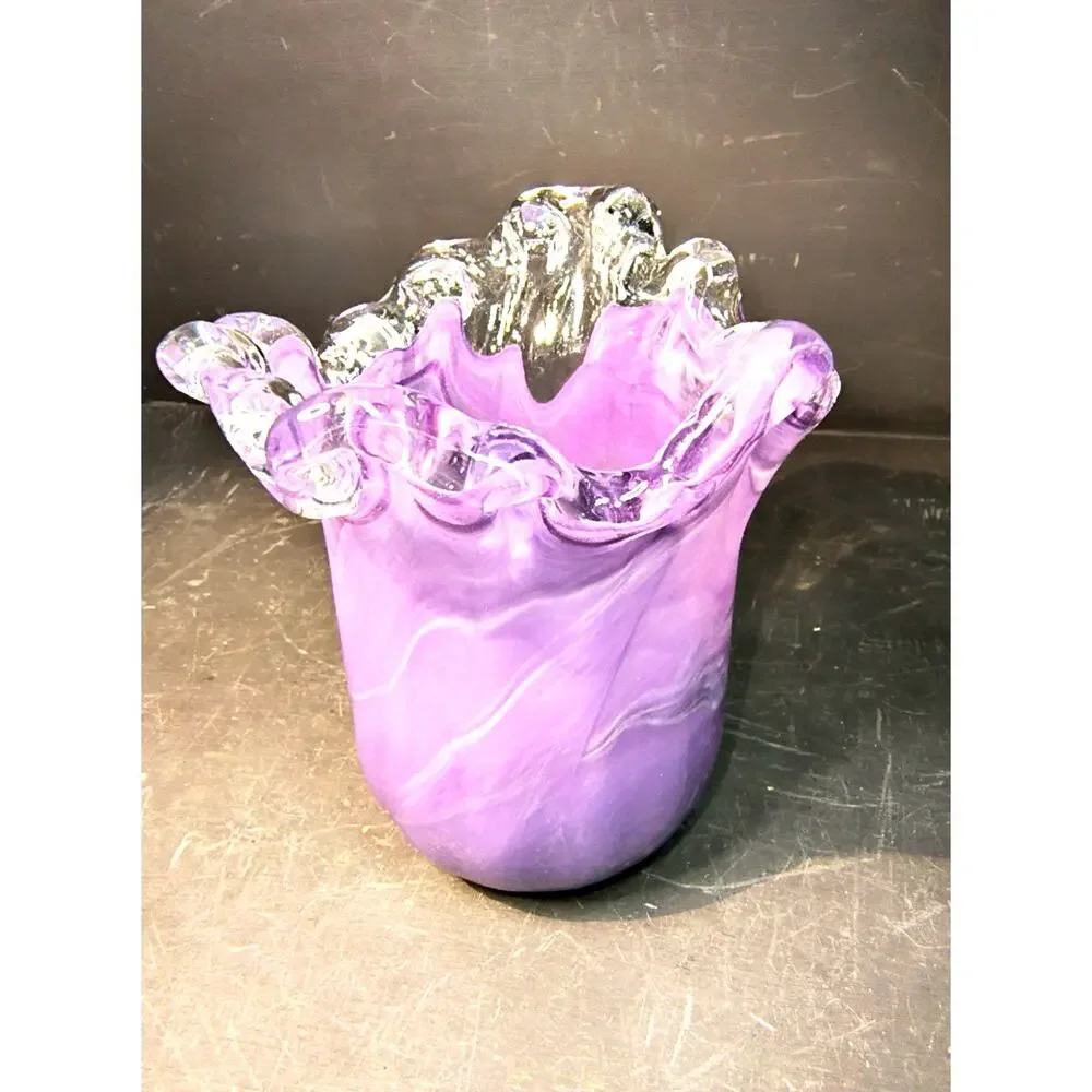 1967.  Murano Style Lavender Purple Glass Vase Art Glass Ruffled Rim